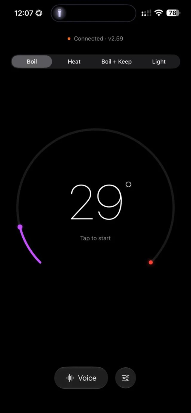 The Kettle main screen on an iPhone in dark mode, in Boil mode with the water at 29 degrees and a colour ring that fills as the water heats.