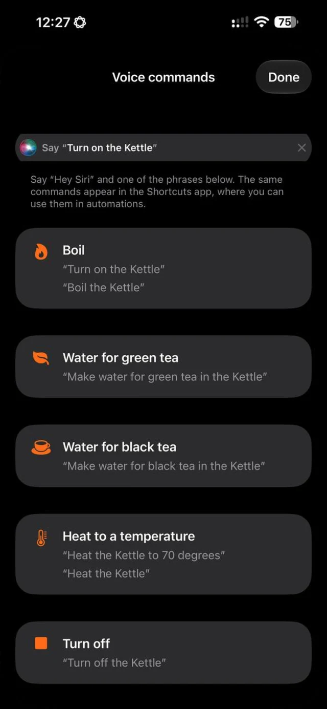 The Voice commands screen on an iPhone in dark mode, listing the Siri phrases for boiling, water for green and black tea, heating to a temperature and turning off.