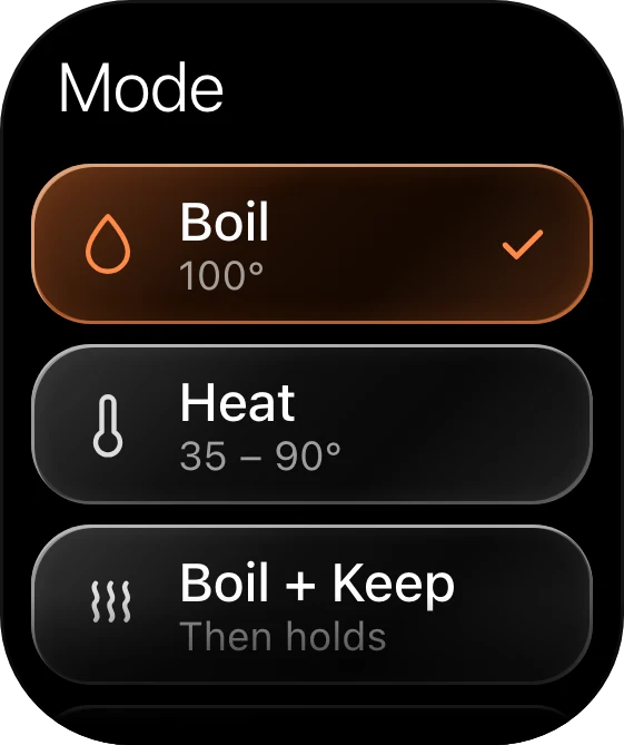 The Kettle Apple Watch mode list: Boil, Heat, Boil and Keep, Night light.